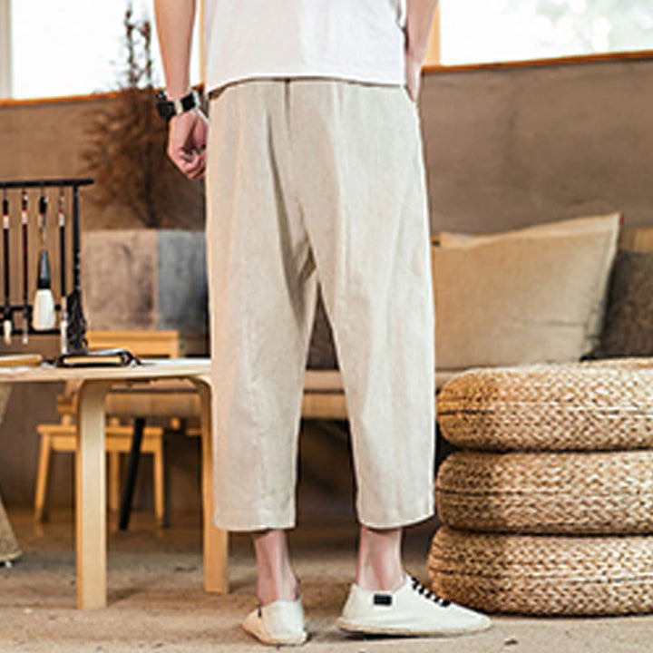 Buddha Stones Lässige, einfarbige Herrenhose aus Baumwollleinen mit elastischem Bund und Kordelzug und Taschen - image 42