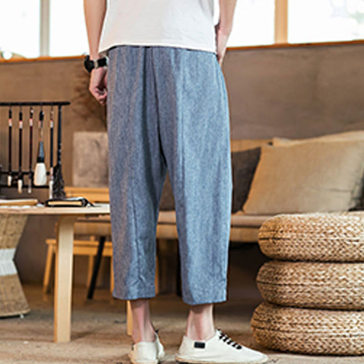 Buddha Stones Lässige, einfarbige Herrenhose aus Baumwollleinen mit elastischem Bund und Kordelzug und Taschen - image 35