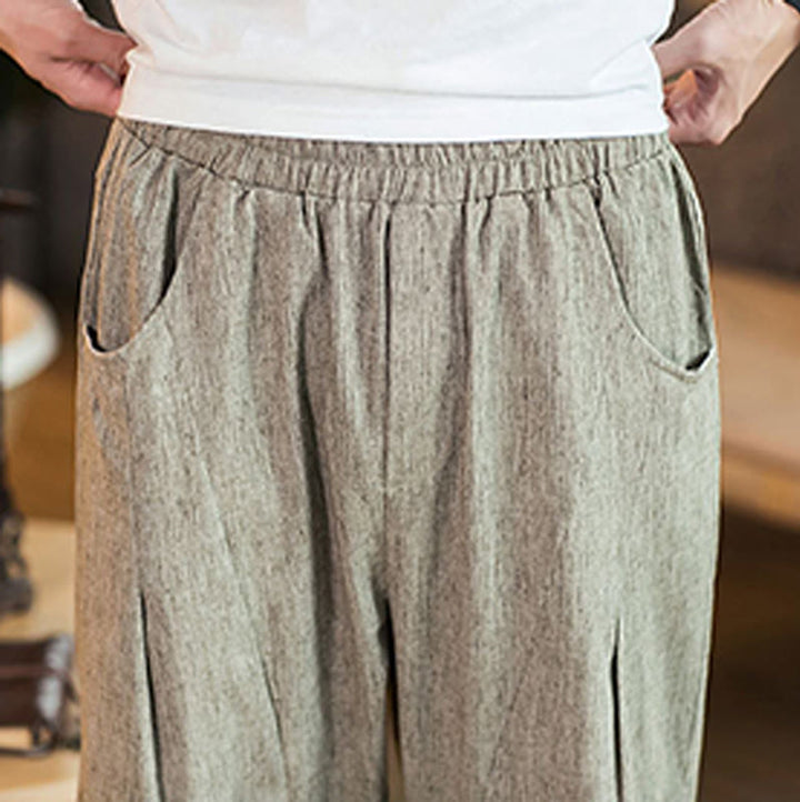 Buddha Stones Lässige, einfarbige Herrenhose aus Baumwollleinen mit elastischem Bund und Kordelzug und Taschen - image 8