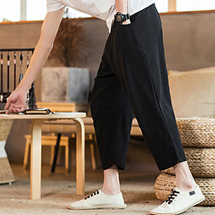 Buddha Stones Lässige, einfarbige Herrenhose aus Baumwollleinen mit elastischem Bund und Kordelzug und Taschen - image 30