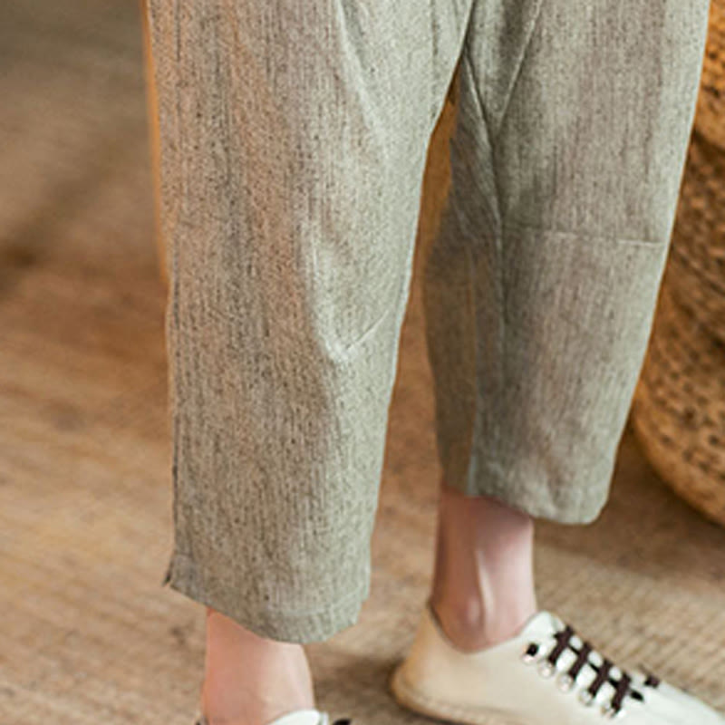 Buddha Stones Lässige, einfarbige Herrenhose aus Baumwollleinen mit elastischem Bund und Kordelzug und Taschen - image 11