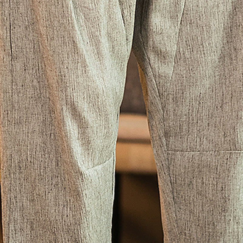 Buddha Stones Lässige, einfarbige Herrenhose aus Baumwollleinen mit elastischem Bund und Kordelzug und Taschen