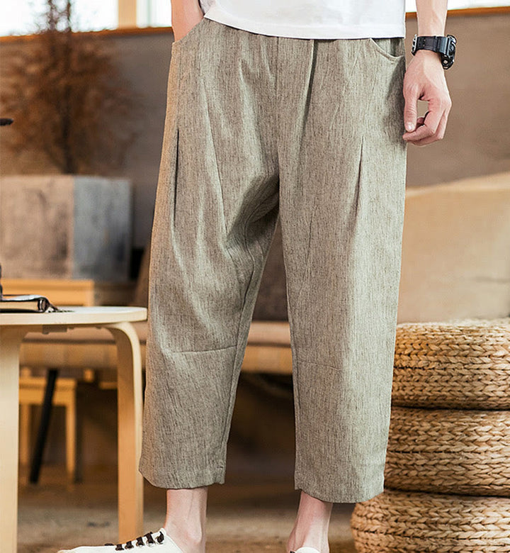 Buddha Stones Lässige, einfarbige Herrenhose aus Baumwollleinen mit elastischem Bund und Kordelzug und Taschen - image 7