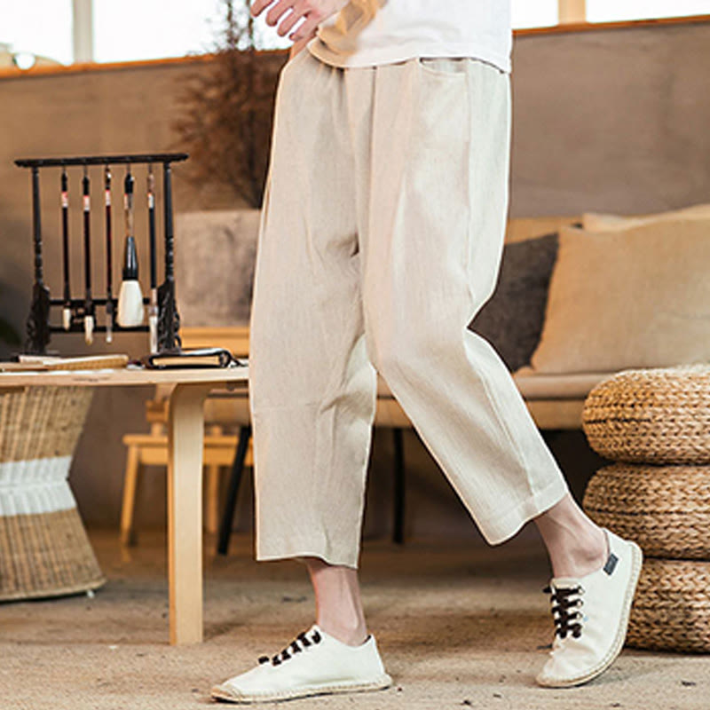 Buddha Stones Lässige, einfarbige Herrenhose aus Baumwollleinen mit elastischem Bund und Kordelzug und Taschen - image 44