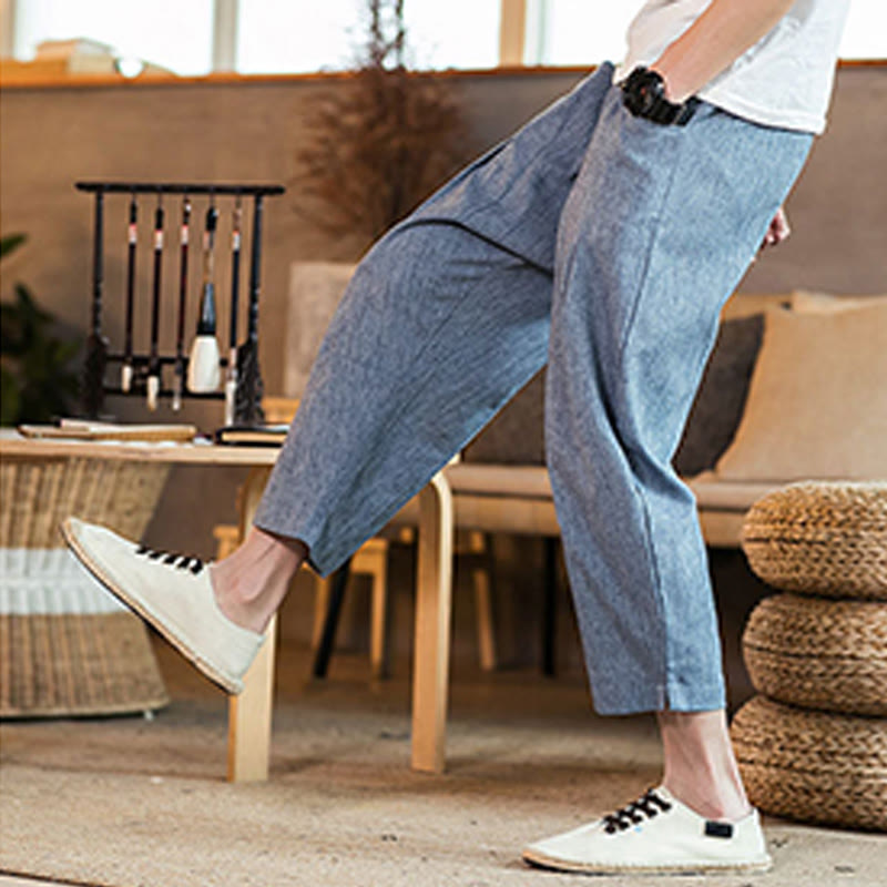 Buddha Stones Lässige, einfarbige Herrenhose aus Baumwollleinen mit elastischem Bund und Kordelzug und Taschen - image 38