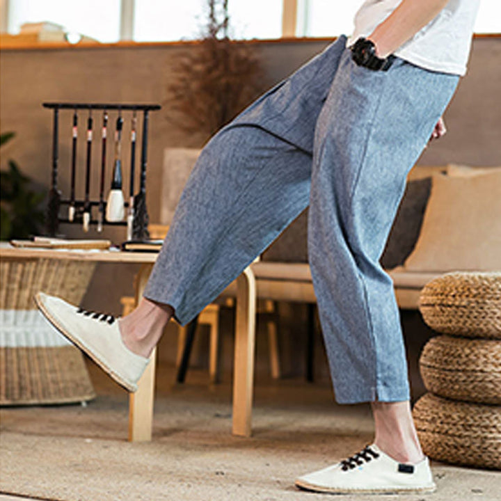 Buddha Stones Lässige, einfarbige Herrenhose aus Baumwollleinen mit elastischem Bund und Kordelzug und Taschen - image 38