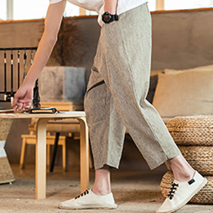 Buddha Stones Lässige, einfarbige Herrenhose aus Baumwollleinen mit elastischem Bund und Kordelzug und Taschen - image 5
