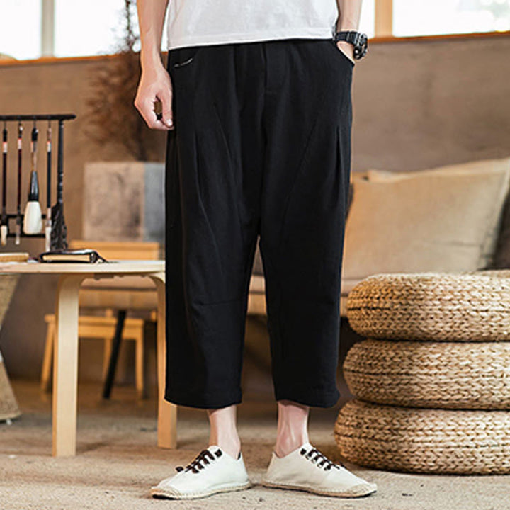 Buddha Stones Lässige, einfarbige Herrenhose aus Baumwollleinen mit elastischem Bund und Kordelzug und Taschen