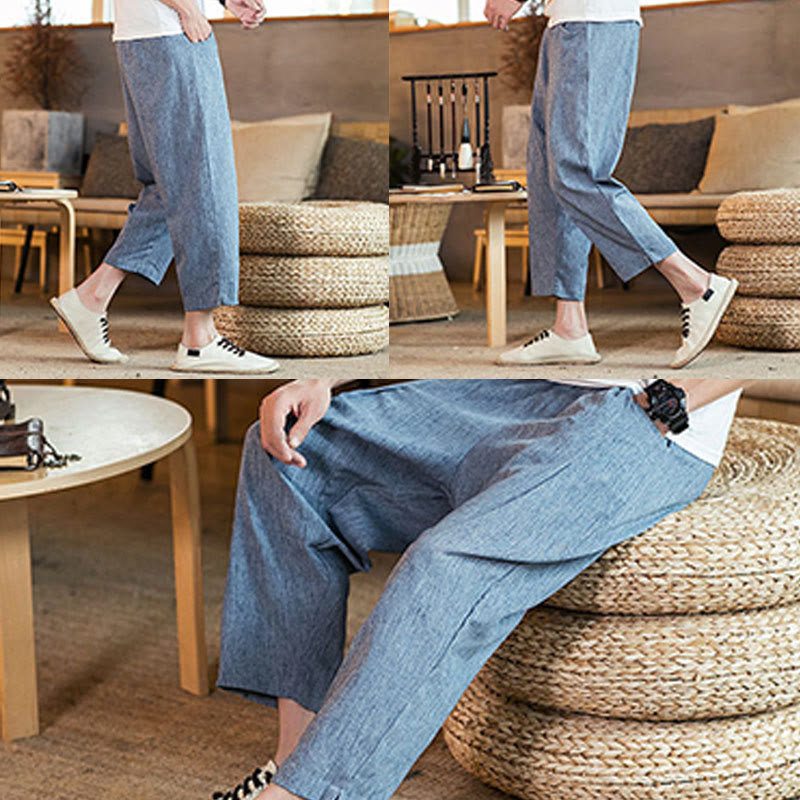 Buddha Stones Lässige, einfarbige Herrenhose aus Baumwollleinen mit elastischem Bund und Kordelzug und Taschen