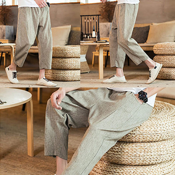 Buddha Stones Lässige, einfarbige Herrenhose aus Baumwollleinen mit elastischem Bund und Kordelzug und Taschen