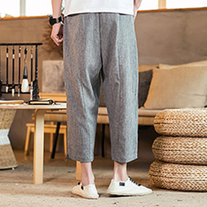 Buddha Stones Lässige, einfarbige Herrenhose aus Baumwollleinen mit elastischem Bund und Kordelzug und Taschen - image 21