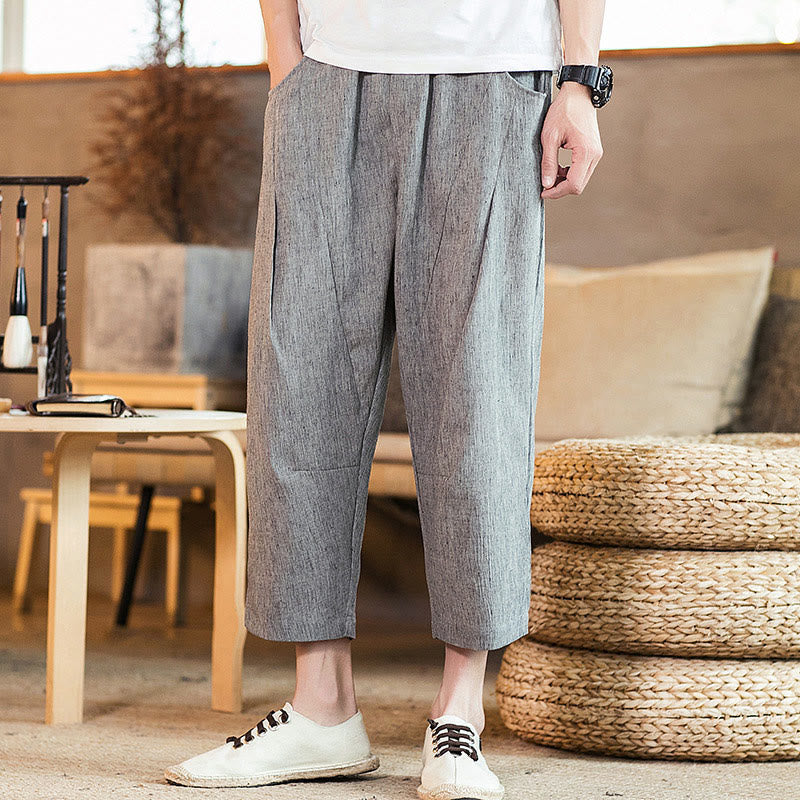 Buddha Stones Lässige, einfarbige Herrenhose aus Baumwollleinen mit elastischem Bund und Kordelzug und Taschen