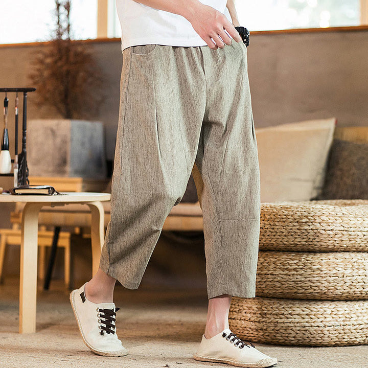 Buddha Stones Lässige, einfarbige Herrenhose aus Baumwollleinen mit elastischem Bund und Kordelzug und Taschen - Dunkelkhaki - US/ UK/AU46, EU56 (5XL) - image 0