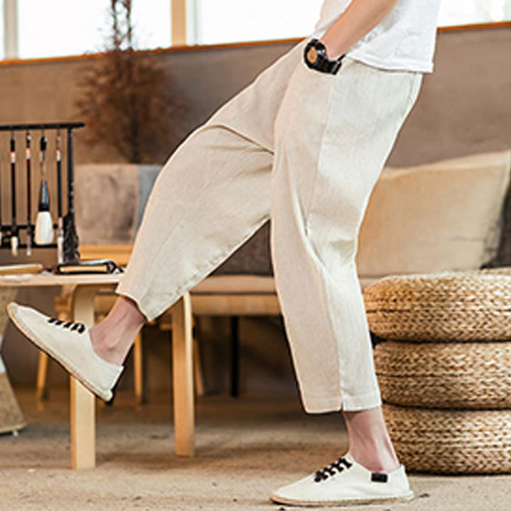 Buddha Stones Lässige, einfarbige Herrenhose aus Baumwollleinen mit elastischem Bund und Kordelzug und Taschen - image 45