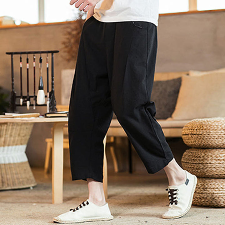 Buddha Stones Lässige, einfarbige Herrenhose aus Baumwollleinen mit elastischem Bund und Kordelzug und Taschen - image 28