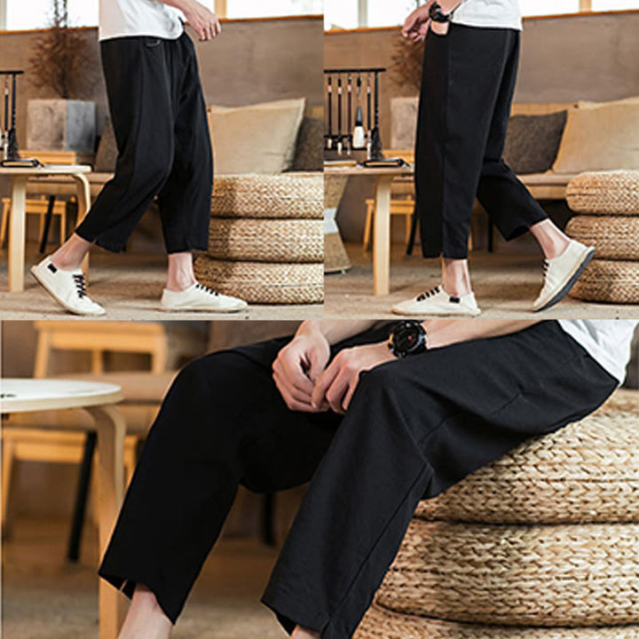 Buddha Stones Lässige, einfarbige Herrenhose aus Baumwollleinen mit elastischem Bund und Kordelzug und Taschen - image 32