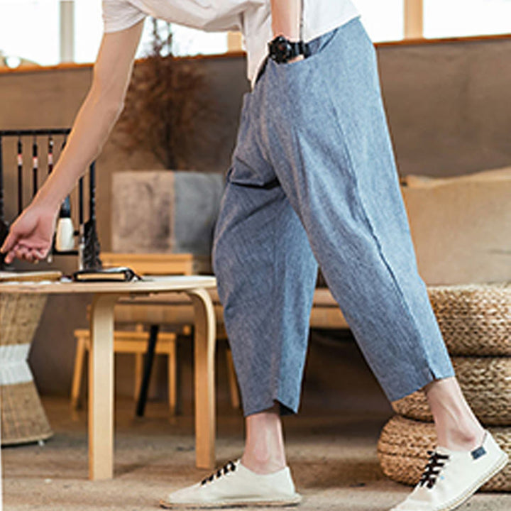 Buddha Stones Lässige, einfarbige Herrenhose aus Baumwollleinen mit elastischem Bund und Kordelzug und Taschen - image 37