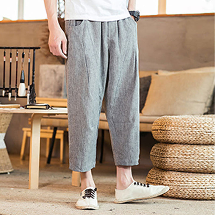 Buddha Stones Lässige, einfarbige Herrenhose aus Baumwollleinen mit elastischem Bund und Kordelzug und Taschen - image 22