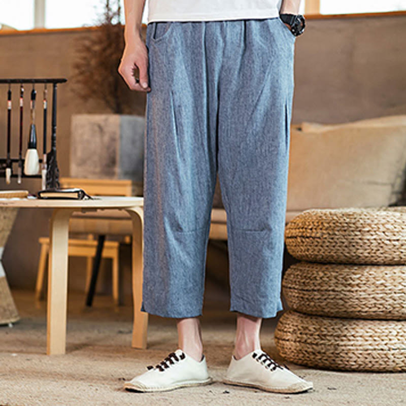 Buddha Stones Lässige, einfarbige Herrenhose aus Baumwollleinen mit elastischem Bund und Kordelzug und Taschen