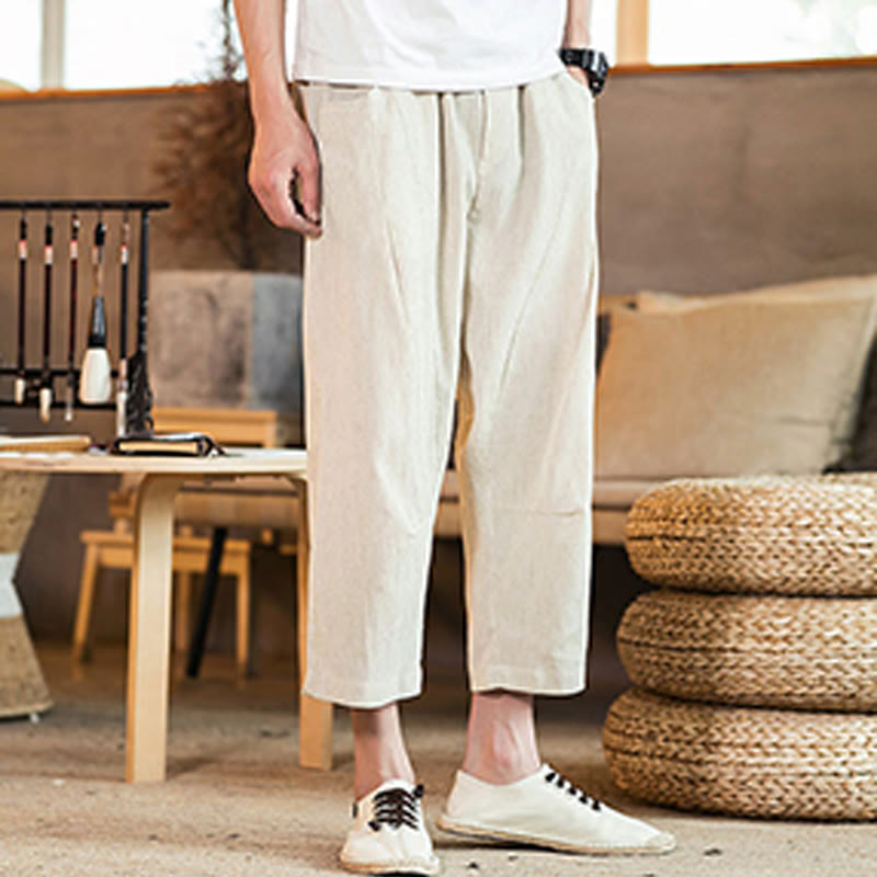 Buddha Stones Lässige, einfarbige Herrenhose aus Baumwollleinen mit elastischem Bund und Kordelzug und Taschen - image 43
