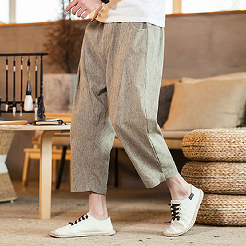 Buddha Stones Lässige, einfarbige Herrenhose aus Baumwollleinen mit elastischem Bund und Kordelzug und Taschen - image 1