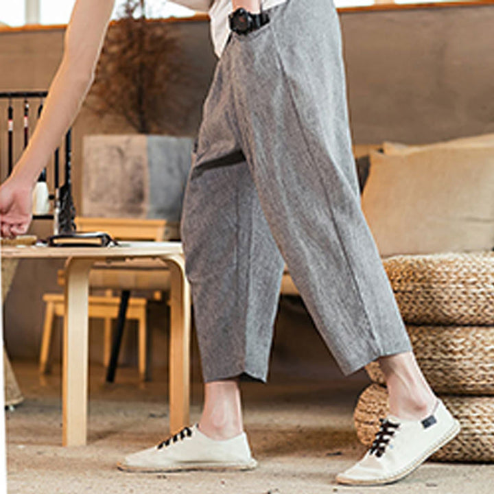 Buddha Stones Lässige, einfarbige Herrenhose aus Baumwollleinen mit elastischem Bund und Kordelzug und Taschen - image 23