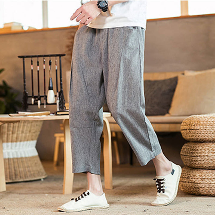 Buddha Stones Lässige, einfarbige Herrenhose aus Baumwollleinen mit elastischem Bund und Kordelzug und Taschen - image 20