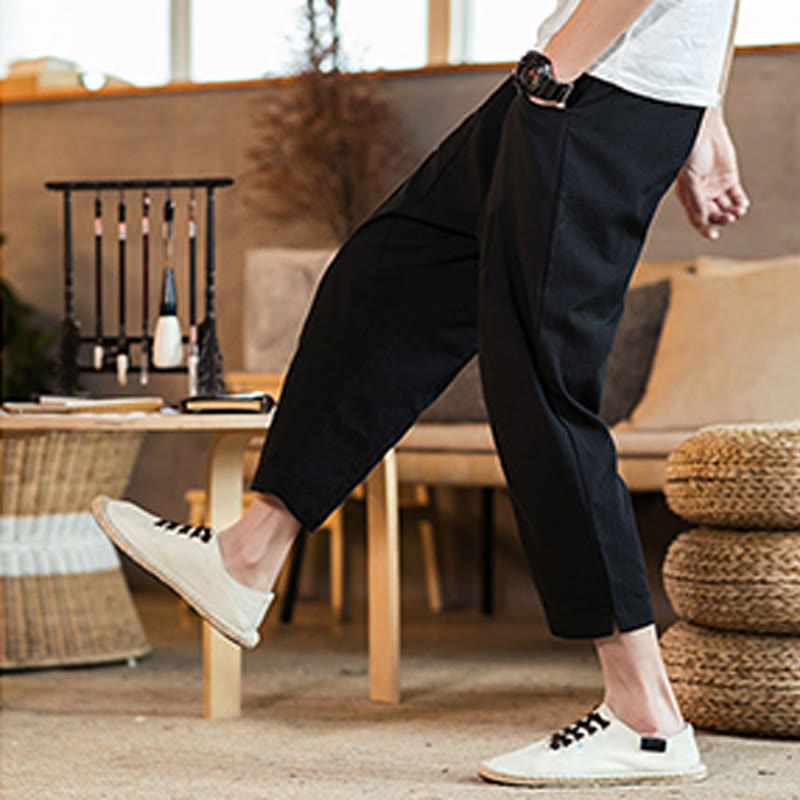 Buddha Stones Lässige, einfarbige Herrenhose aus Baumwollleinen mit elastischem Bund und Kordelzug und Taschen