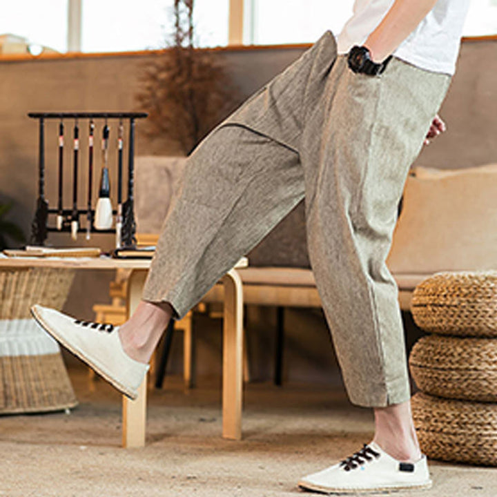 Buddha Stones Lässige, einfarbige Herrenhose aus Baumwollleinen mit elastischem Bund und Kordelzug und Taschen - image 6