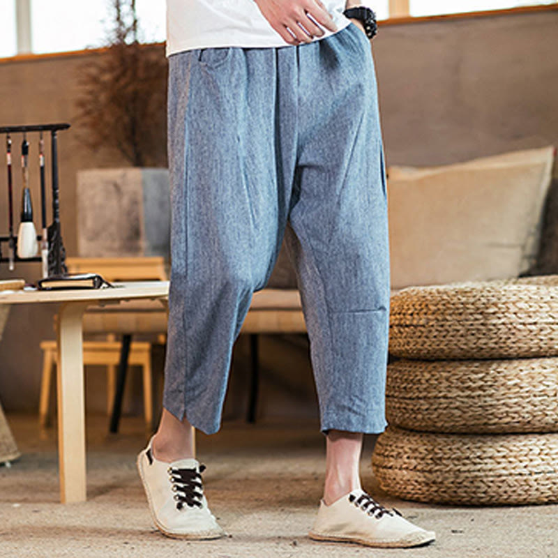 Buddha Stones Lässige, einfarbige Herrenhose aus Baumwollleinen mit elastischem Bund und Kordelzug und Taschen - SteelBlue - US/ UK/AU46, EU56 (5XL) - image 33