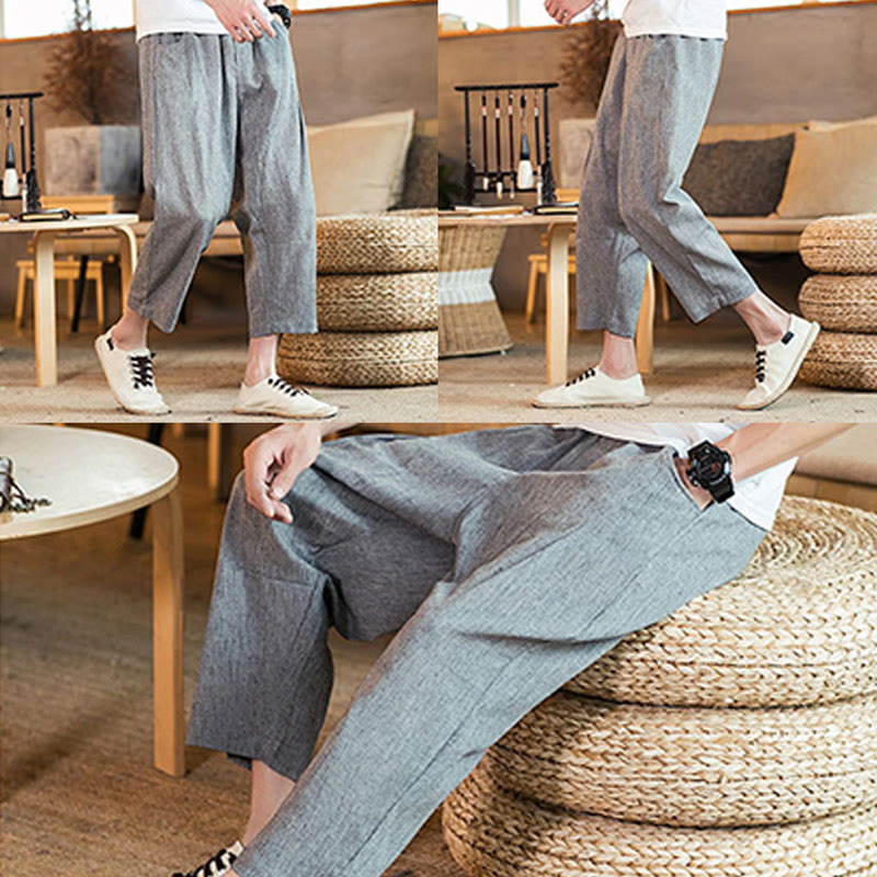 Buddha Stones Lässige, einfarbige Herrenhose aus Baumwollleinen mit elastischem Bund und Kordelzug und Taschen - image 25