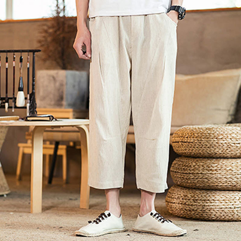 Buddha Stones Lässige, einfarbige Herrenhose aus Baumwollleinen mit elastischem Bund und Kordelzug und Taschen