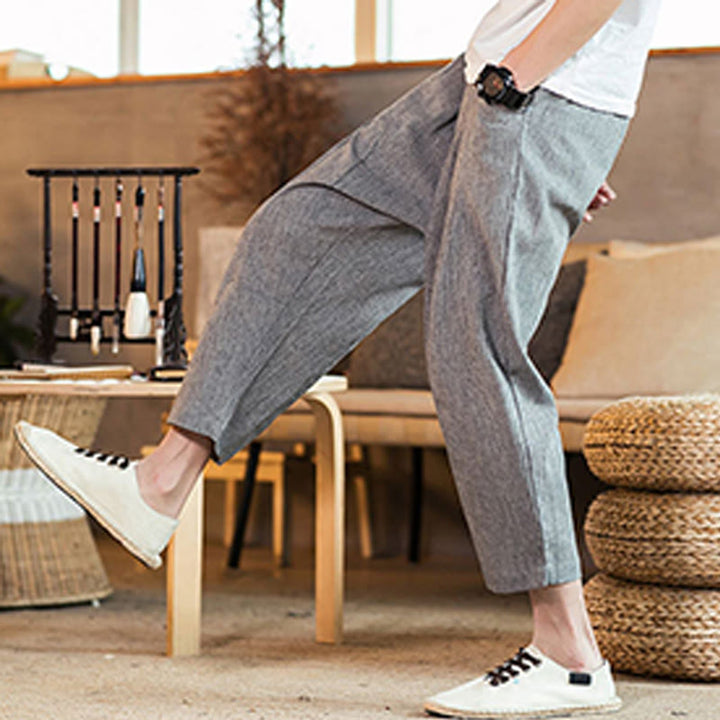 Buddha Stones Lässige, einfarbige Herrenhose aus Baumwollleinen mit elastischem Bund und Kordelzug und Taschen - image 24