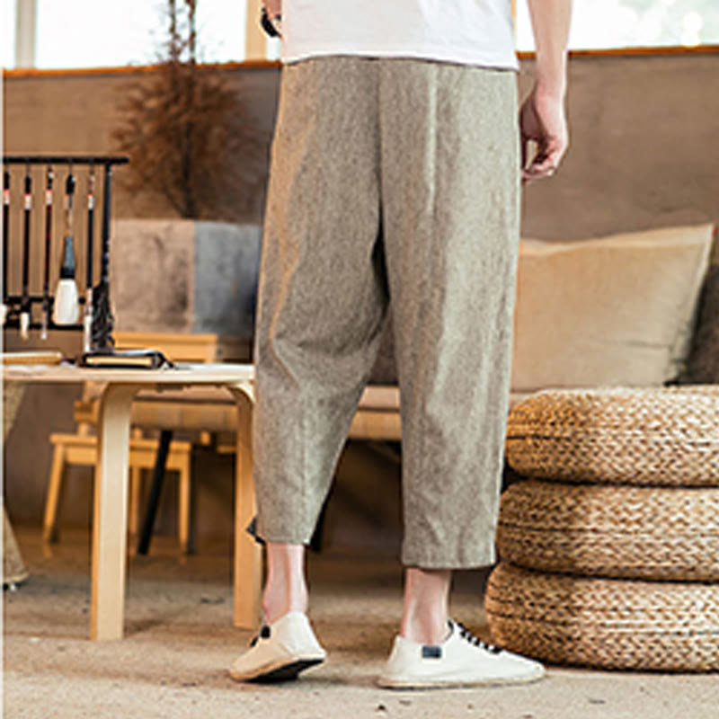 Buddha Stones Lässige, einfarbige Herrenhose aus Baumwollleinen mit elastischem Bund und Kordelzug und Taschen - image 4