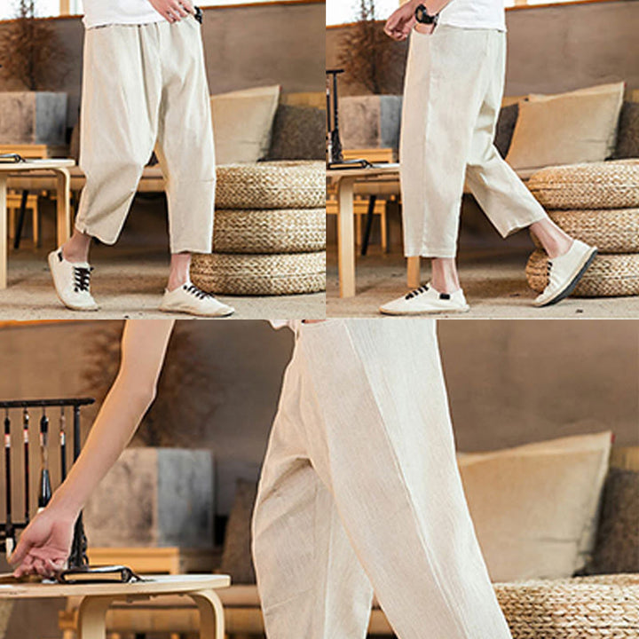 Buddha Stones Lässige, einfarbige Herrenhose aus Baumwollleinen mit elastischem Bund und Kordelzug und Taschen - image 47