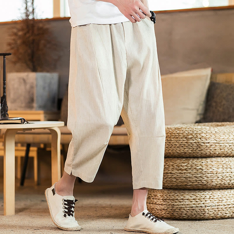 Buddha Stones Lässige, einfarbige Herrenhose aus Baumwollleinen mit elastischem Bund und Kordelzug und Taschen