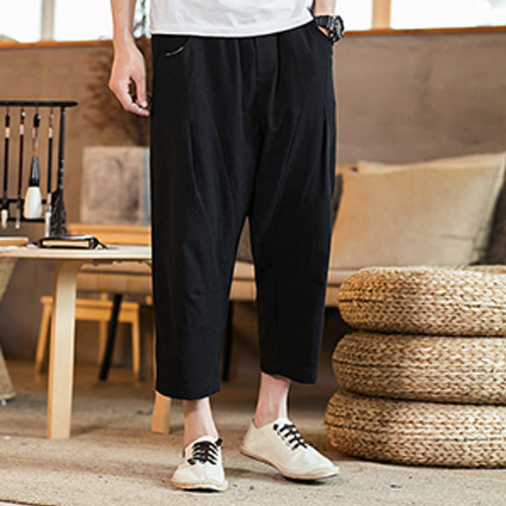 Buddha Stones Lässige, einfarbige Herrenhose aus Baumwollleinen mit elastischem Bund und Kordelzug und Taschen