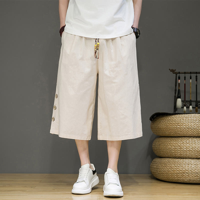 Buddha Stones Lässige, schlichte Herrenhose aus Baumwolle mit seitlichen Knöpfen, Kordelzug und Taschen - Beige - US/ UK/AU46, EU56 (5XL) - image 0