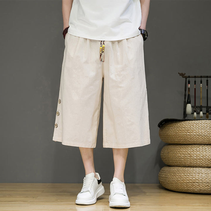 Buddha Stones Lässige, schlichte Herrenhose aus Baumwolle mit seitlichen Knöpfen, Kordelzug und Taschen - Beige - US/ UK/AU46, EU56 (5XL) - image 0