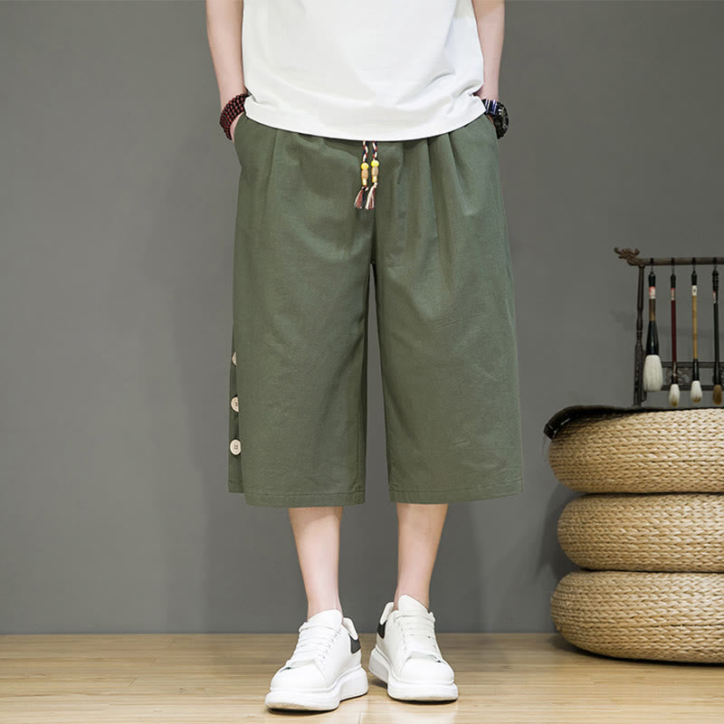 Buddha Stones Lässige, schlichte Herrenhose aus Baumwolle mit seitlichen Knöpfen, Kordelzug und Taschen - Olivgrün - US/ UK/AU46, EU56 (5XL) - image 16