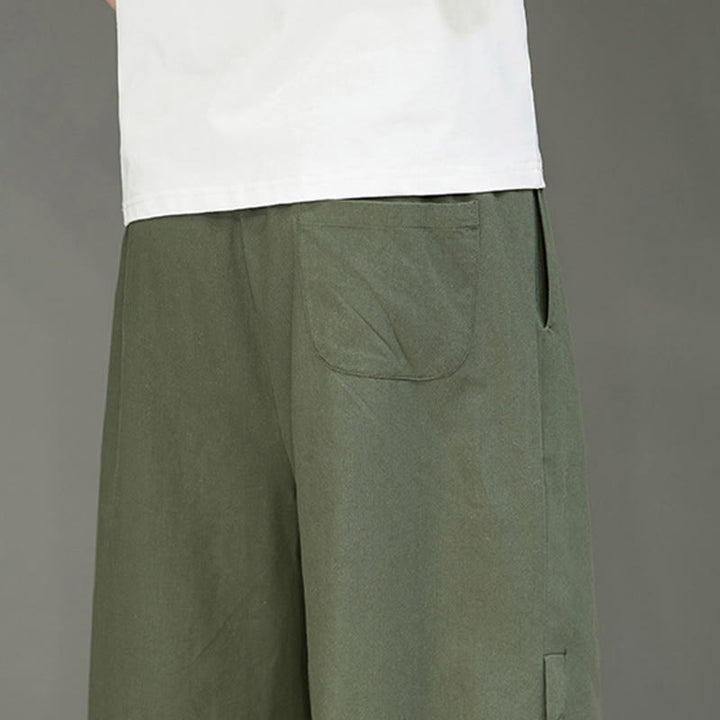 Buddha Stones Lässige, schlichte Herrenhose aus Baumwolle mit seitlichen Knöpfen, Kordelzug und Taschen