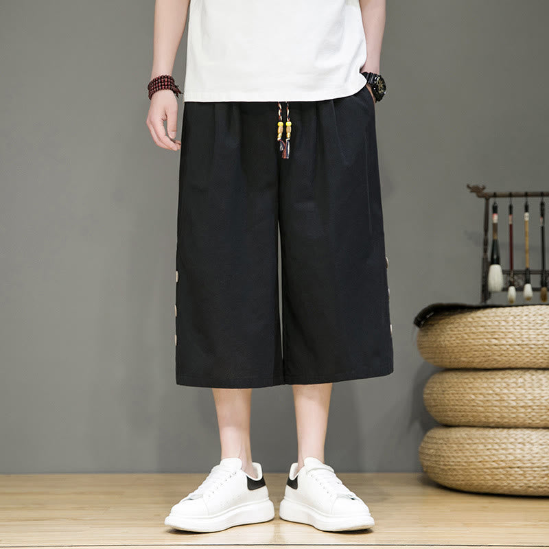 Buddha Stones Lässige, schlichte Herrenhose aus Baumwolle mit seitlichen Knöpfen, Kordelzug und Taschen - Schwarz - US/ UK/AU46, EU56 (5XL) - image 8