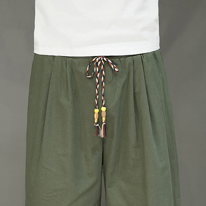 Buddha Stones Lässige, schlichte Herrenhose aus Baumwolle mit seitlichen Knöpfen, Kordelzug und Taschen