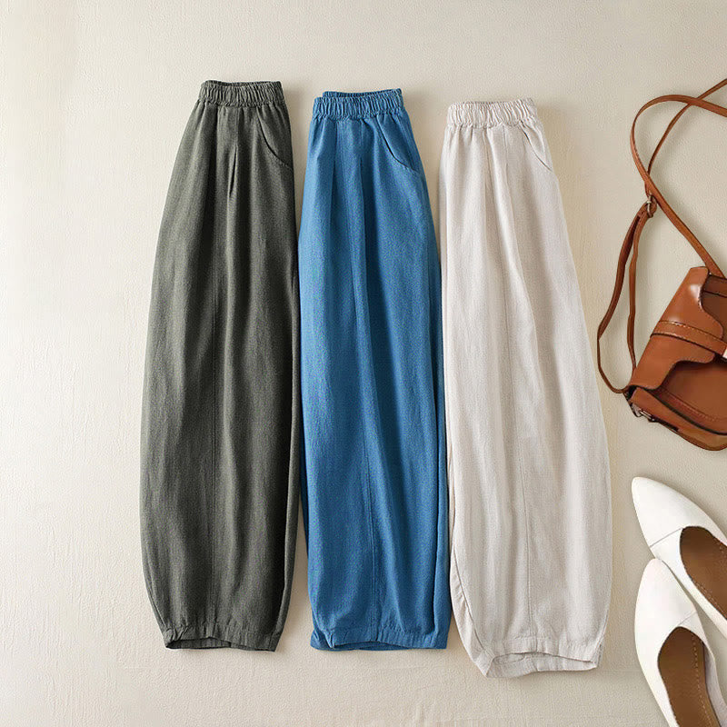 Buddha Stones - Unifarbene Damenhose aus Baumwollleinen mit Taschen
