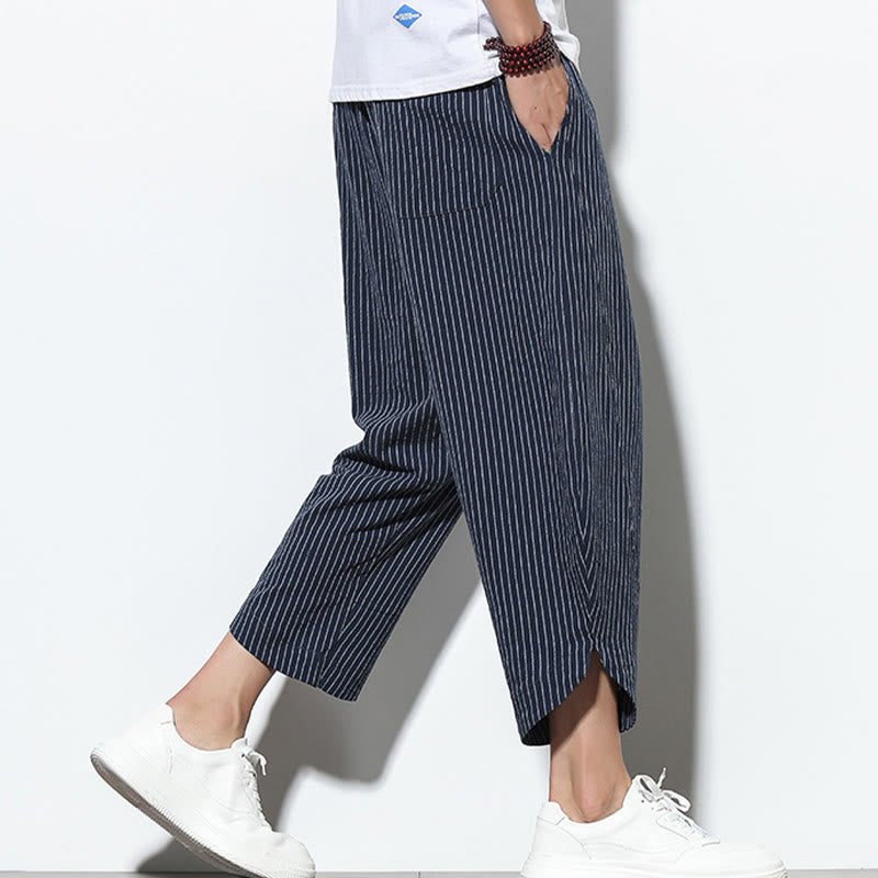 Buddha Stones Sommer-Streifenmuster, Kordelzug, Baumwolle und Leinen, Herren-Haremshose in der Länge 7–8 mit Taschen - image 38