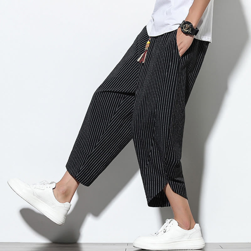 Buddha Stones Sommer-Streifenmuster, Kordelzug, Baumwolle und Leinen, Herren-Haremshose in der Länge 7–8 mit Taschen - image 16