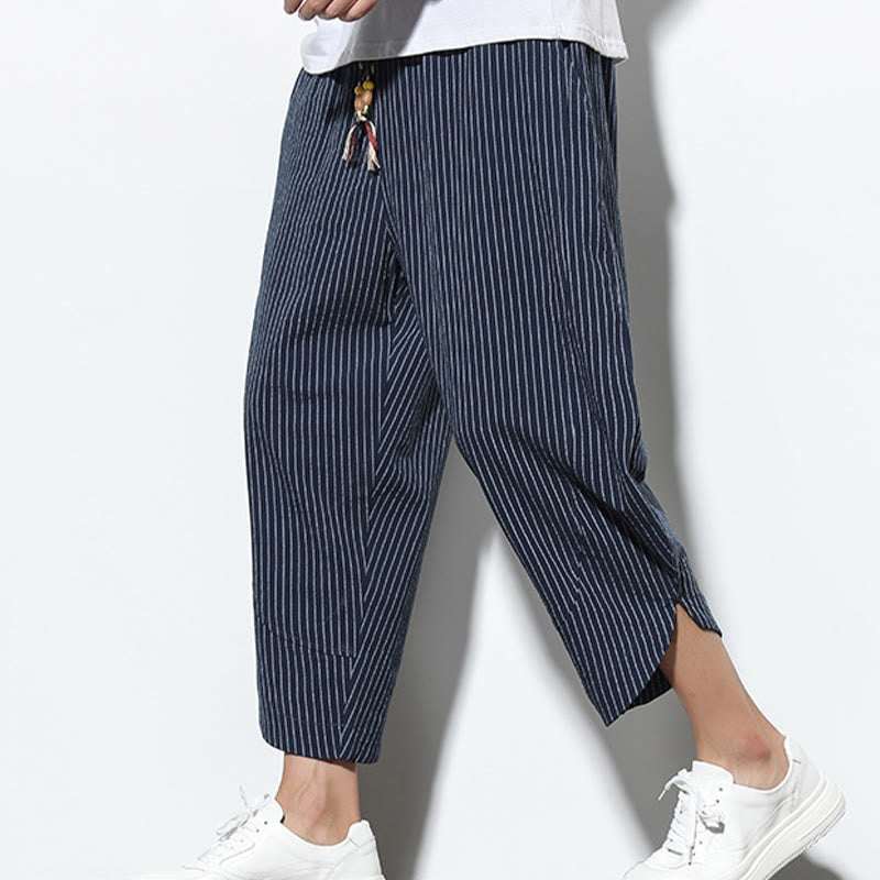 Buddha Stones Sommer-Streifenmuster, Kordelzug, Baumwolle und Leinen, Herren-Haremshose in der Länge 7–8 mit Taschen - image 33