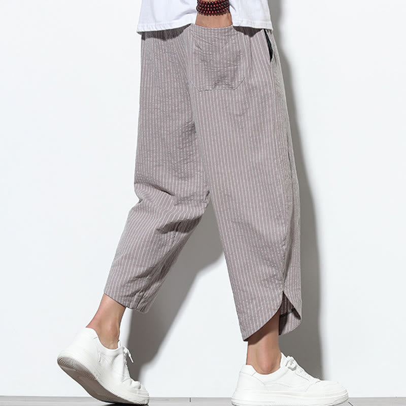 Buddha Stones Sommer-Streifenmuster, Kordelzug, Baumwolle und Leinen, Herren-Haremshose in der Länge 7–8 mit Taschen - image 28