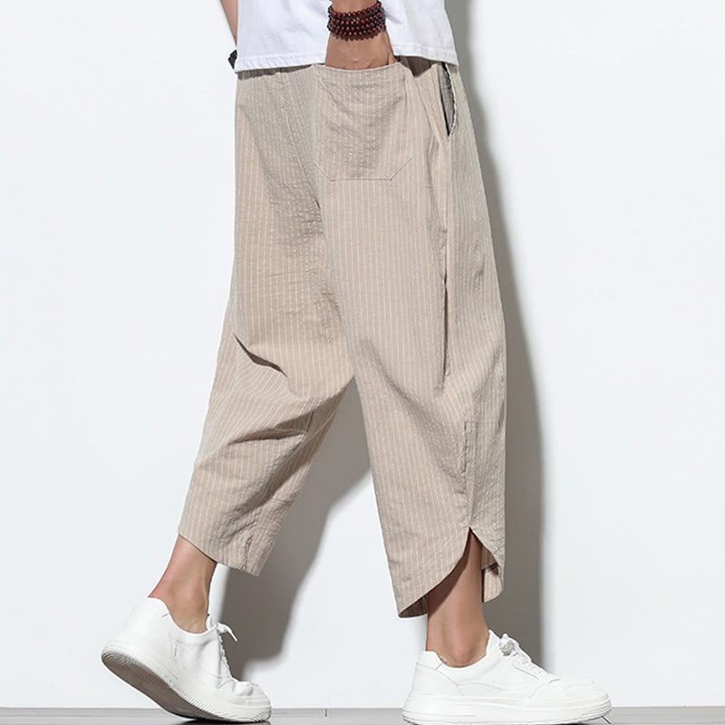 Buddha Stones Sommer-Streifenmuster, Kordelzug, Baumwolle und Leinen, Herren-Haremshose in der Länge 7–8 mit Taschen - image 4