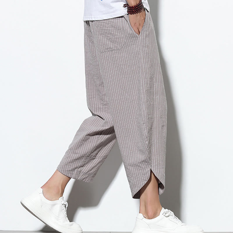 Buddha Stones Sommer-Streifenmuster, Kordelzug, Baumwolle und Leinen, Herren-Haremshose in der Länge 7–8 mit Taschen - image 29